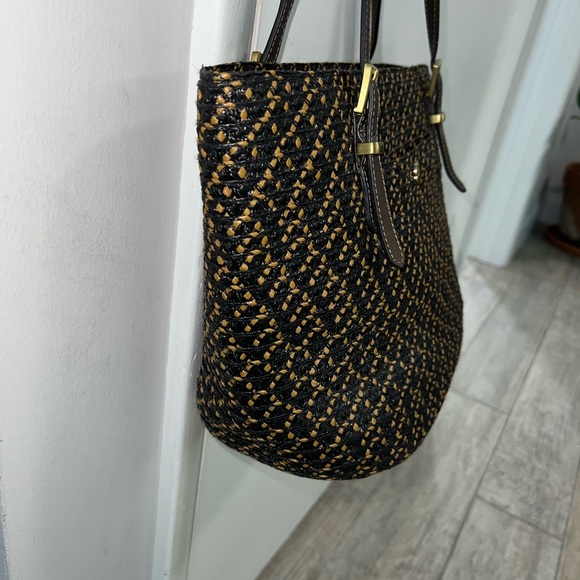 ERIC JAVITS straw raffia black and tan leather trim tote. Beach/ summer tote. - Picture 8 of 14